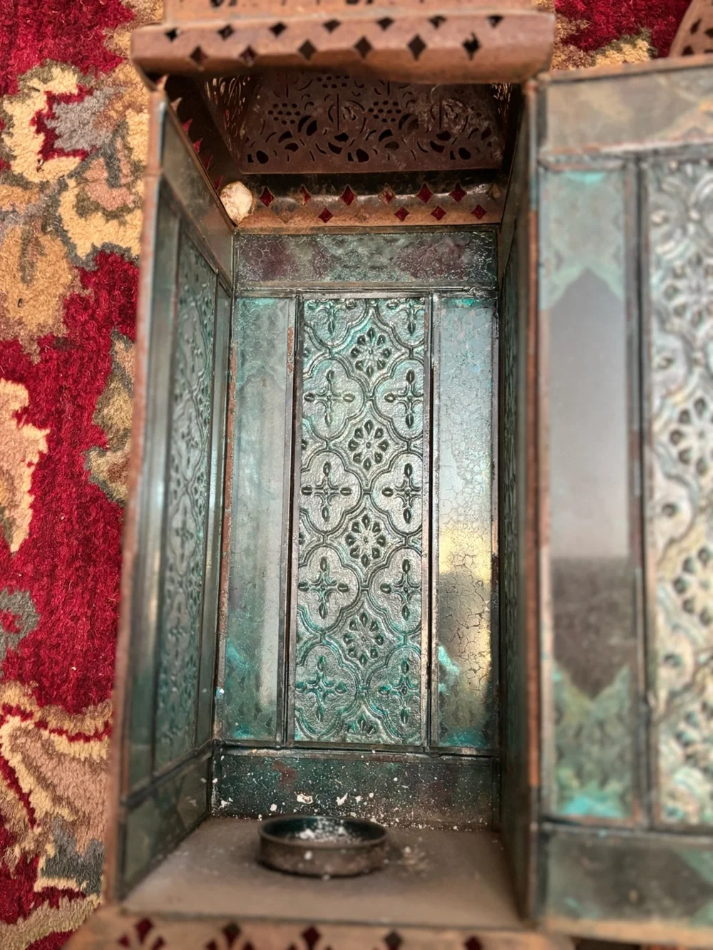 Set of 3 Moroccan-Style Punched Metal Lanterns W/ Glass Panels